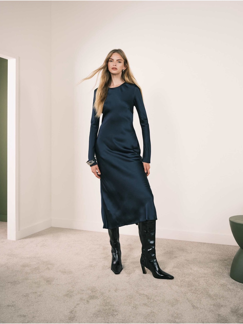 Mango NWT Navy Blue Long Sleeve Satin Maxi Dress M